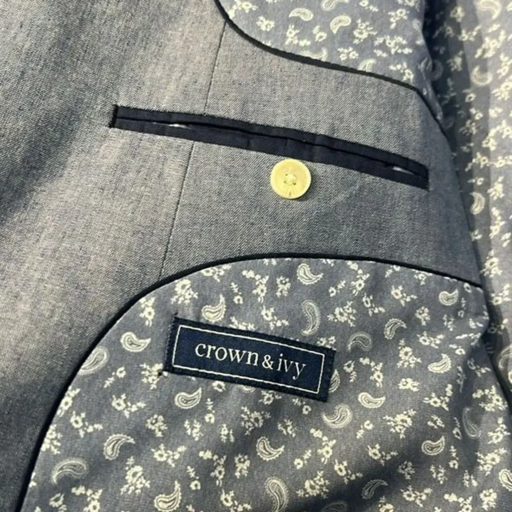 Crown & Ivy Mens Chambray Sport Coat Blazer Sz 48R Cotton Linen Blend Two Button